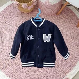 Navy Kids Varsity Jacket with White Trim